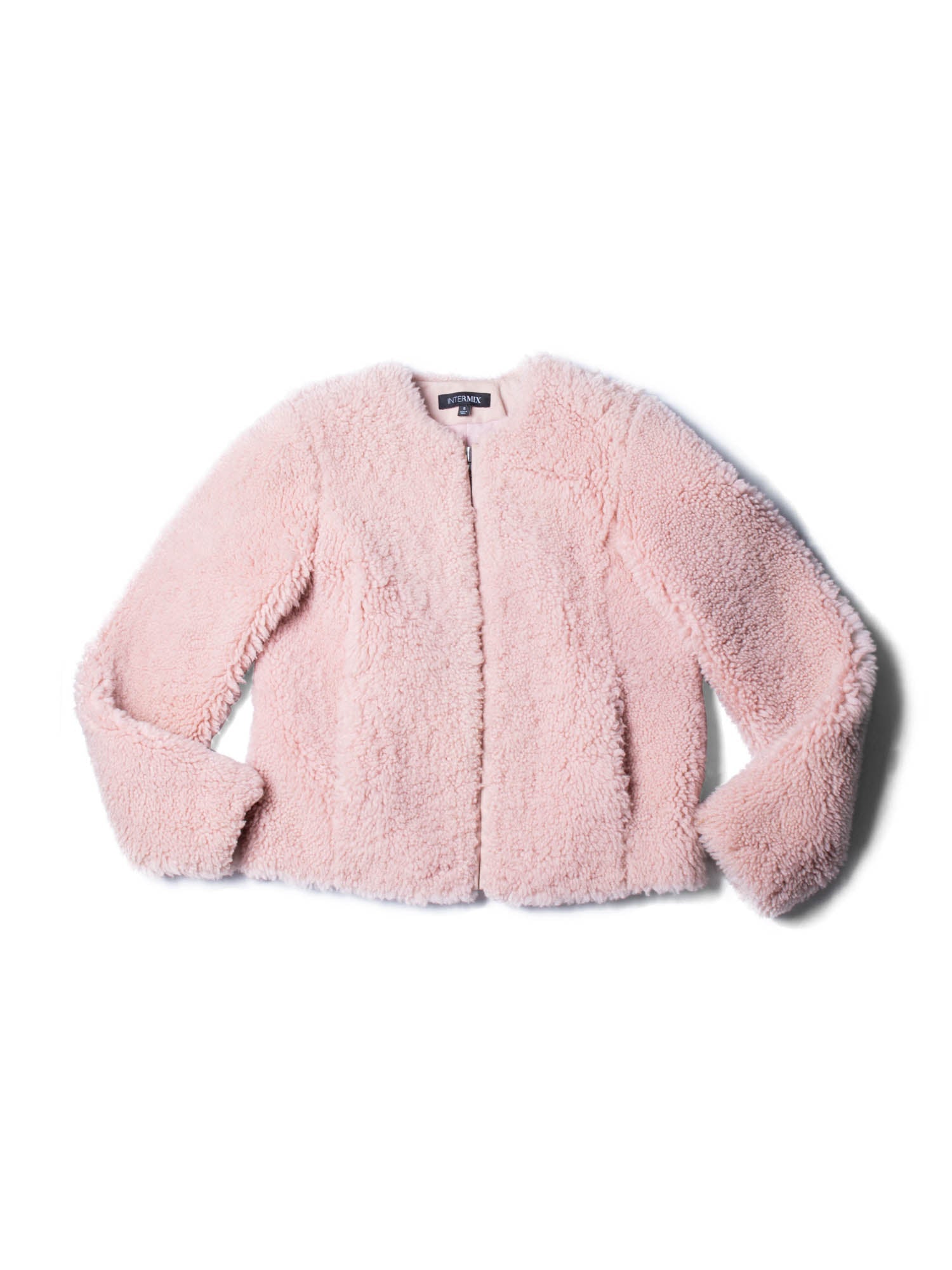 Intermix Genuine Shearling Fur Cropped Bomber Jacket Pink-designer resale