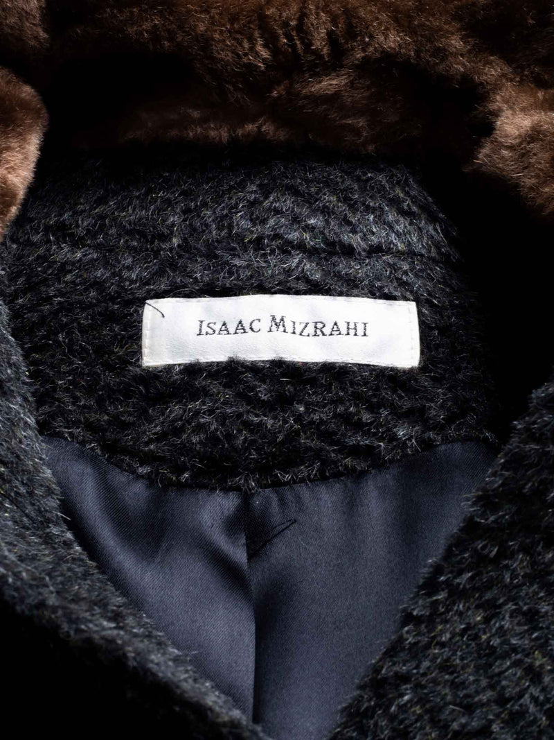 Isaac Mizrahi Alpaca Tweed Chinchilla Fur Collar Coat Green-designer resale