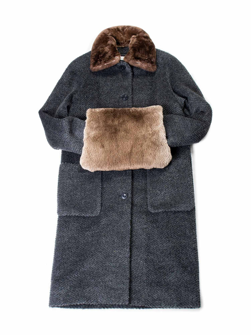 Isaac Mizrahi Alpaca Tweed Chinchilla Fur Collar Coat Green-designer resale