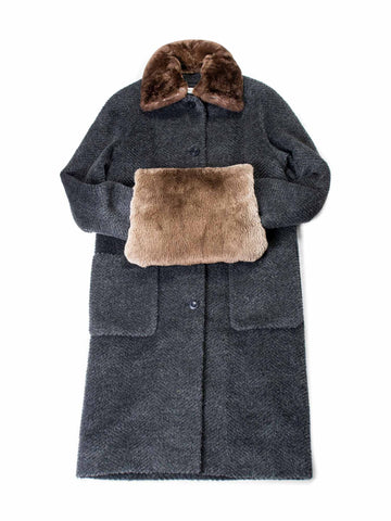 Isaac Mizrahi Alpaca Tweed Chinchilla Fur Collar Coat Green-designer resale