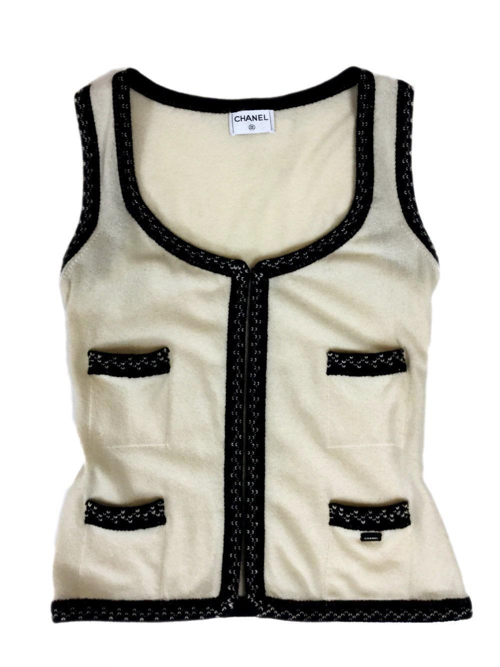 Ivory 100% Cashmere Fringy Top Vest with Pockets-designer resale