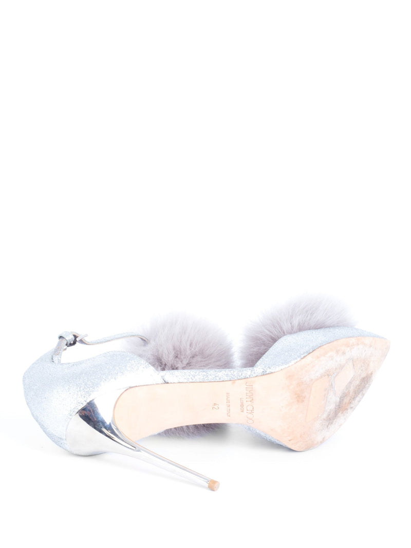 Jimmy Choo Glitter Pom Pom Fur Pumps Silver-designer resale