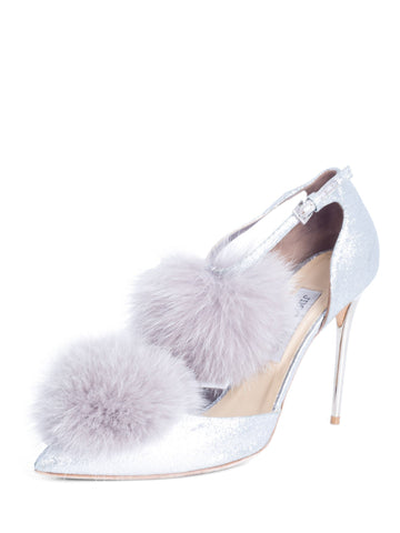 Jimmy Choo Glitter Pom Pom Fur Pumps Silver-designer resale