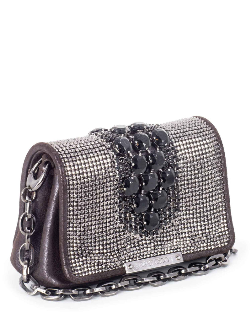 Jimmy Choo Leather Metal Mesh Crystal Mini Bag Brown-designer resale