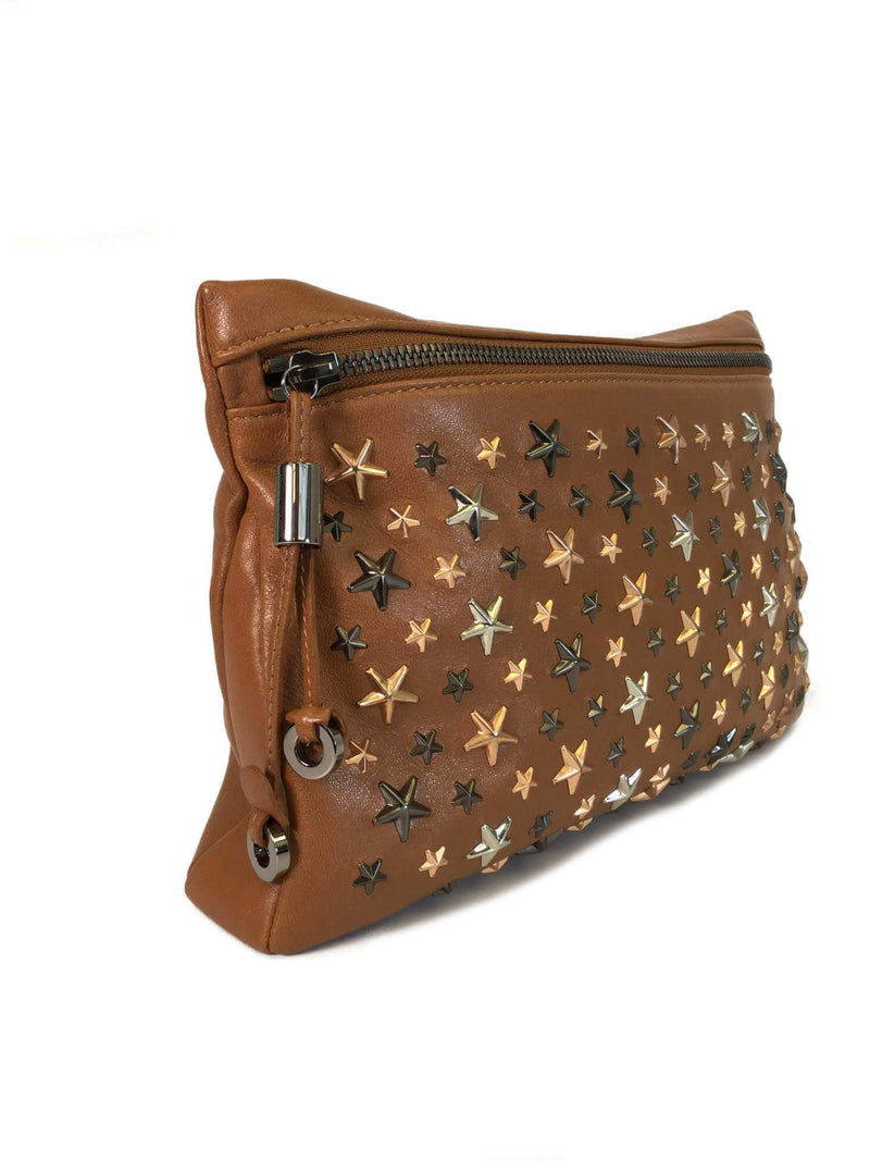 Jimmy Choo Leather Zena Star Stud Clutch Brown-designer resale