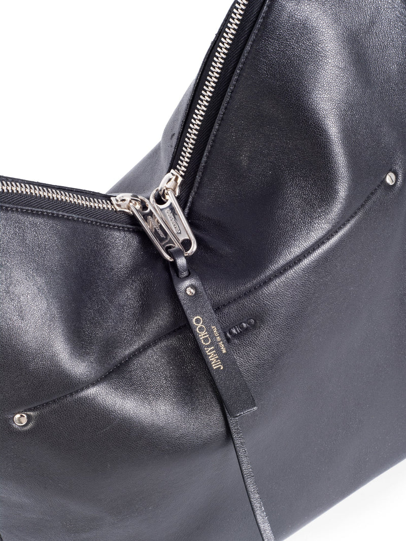 Jimmy Choo Leather Zippers Raven Hobo Bag Black-designer resale