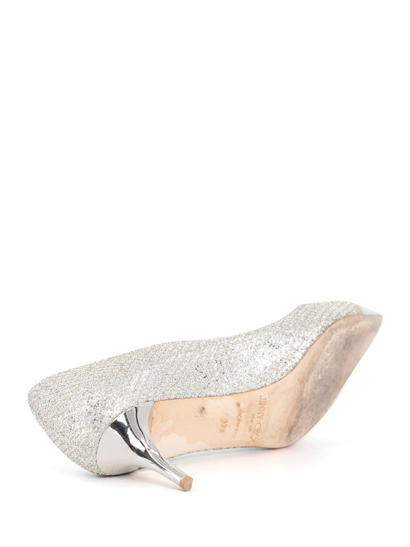 Jimmy Choo Logo Glitter Kitten Heel Pointy Shoes Silver-designer resale
