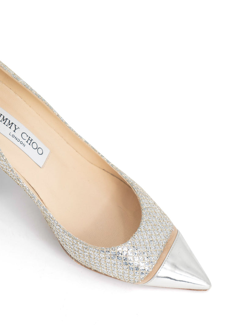 Jimmy Choo Logo Glitter Kitten Heel Pointy Shoes Silver