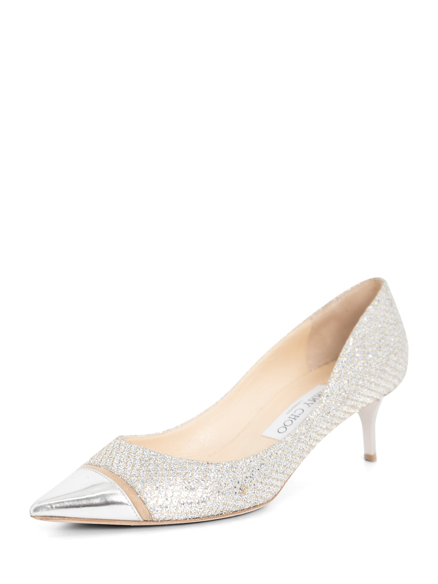Jimmy Choo Logo Glitter Kitten Heel Pointy Shoes Silver-designer resale