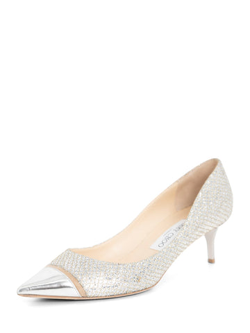 Jimmy Choo Logo Glitter Kitten Heel Pointy Shoes Silver-designer resale