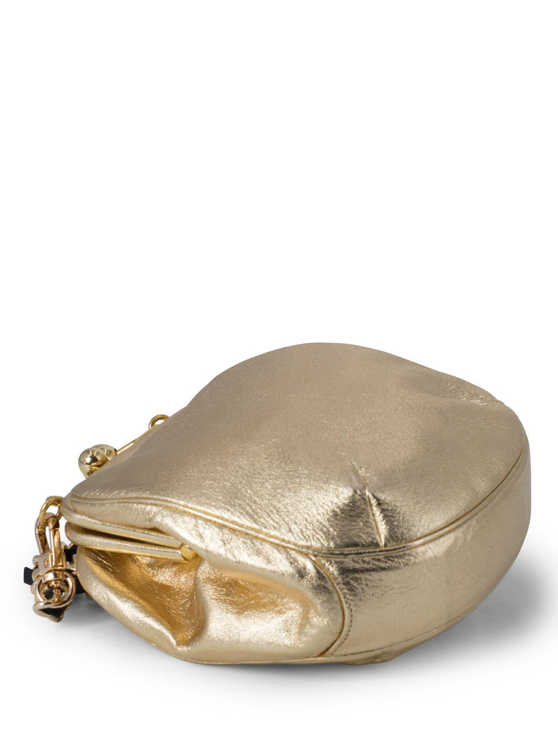 Judith Leiber Leather Kiss Lock Mini Messenger Bag Gold-designer resale