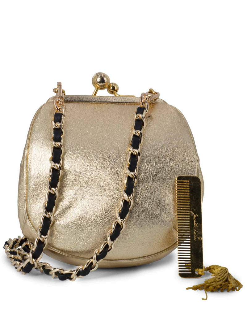 Judith Leiber Leather Kiss Lock Mini Messenger Bag Gold-designer resale