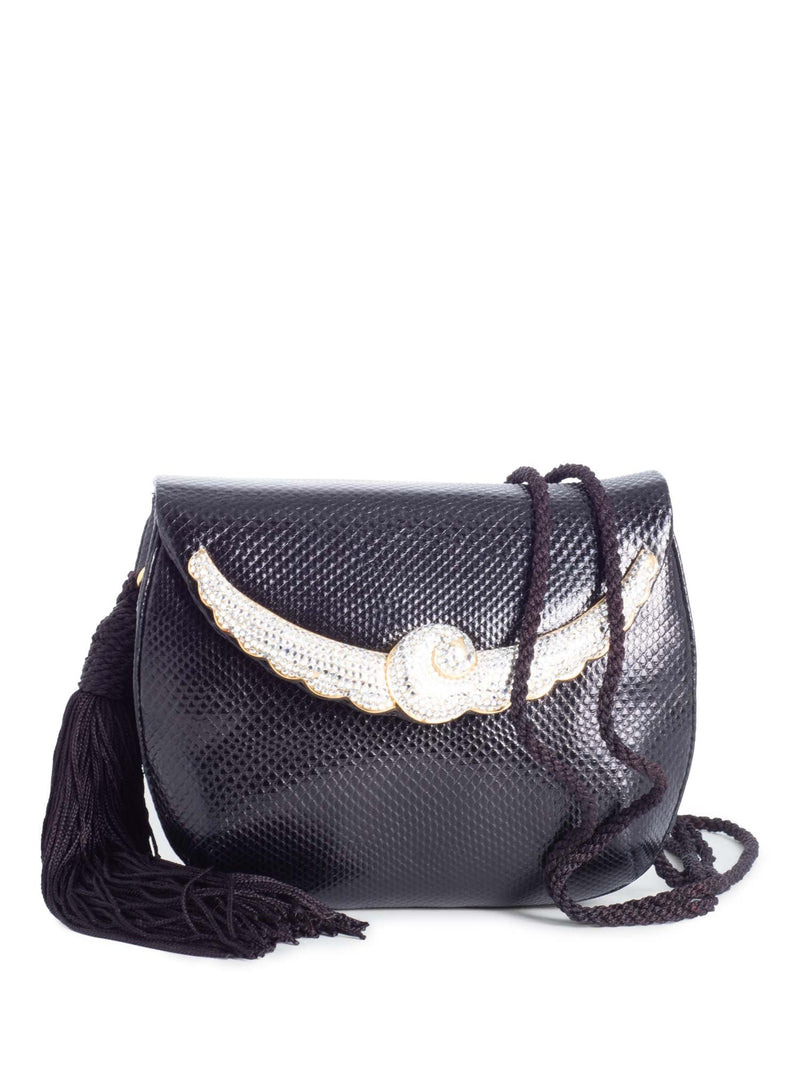 Judith Leiber Python Leather Crystal Tassel Flap Messenger Bag Black-designer resale