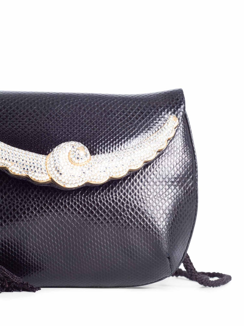 Judith Leiber Python Leather Crystal Tassel Flap Messenger Bag Black-designer resale