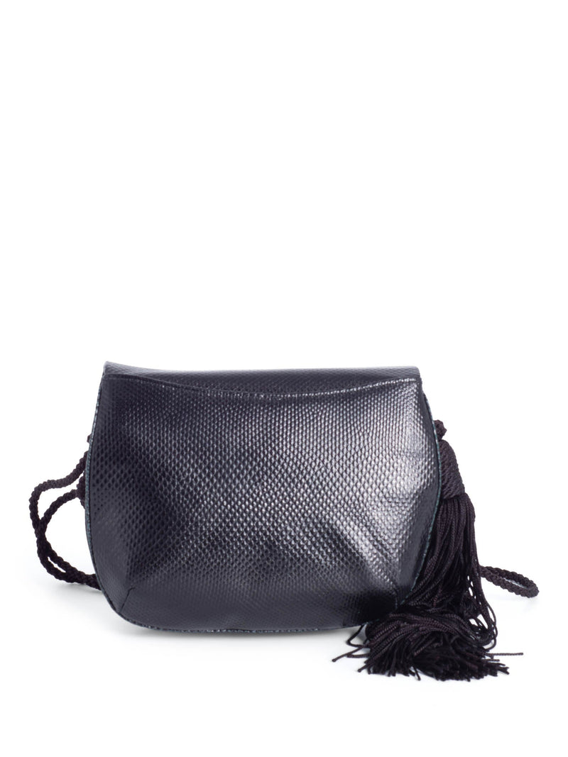 Judith Leiber Python Leather Crystal Tassel Flap Messenger Bag Black-designer resale