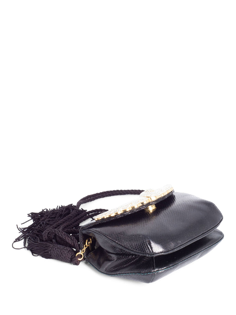 Judith Leiber Python Leather Crystal Tassel Flap Messenger Bag Black-designer resale