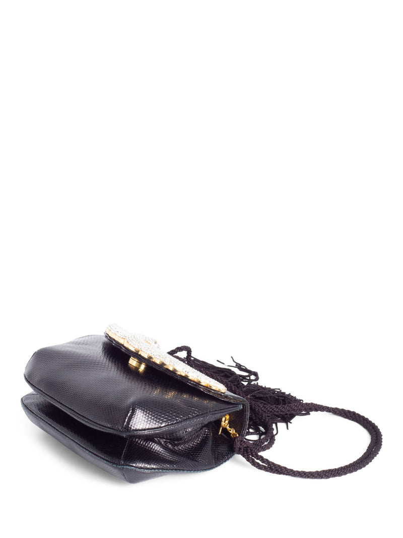 Judith Leiber Python Leather Crystal Tassel Flap Messenger Bag Black-designer resale