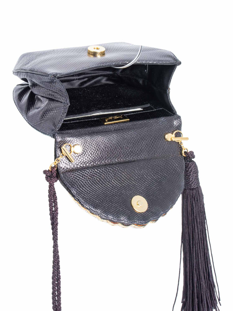 Judith Leiber Python Leather Crystal Tassel Flap Messenger Bag Black-designer resale