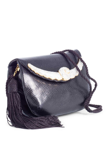 Judith Leiber Python Leather Crystal Tassel Flap Messenger Bag Black-designer resale