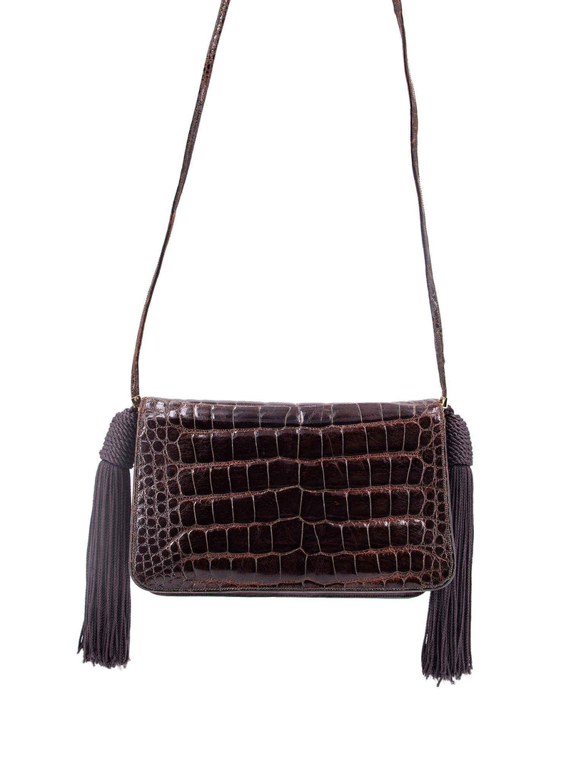 Judith Leiber Shiny Alligator Mini Tassel Bag Brown-designer resale