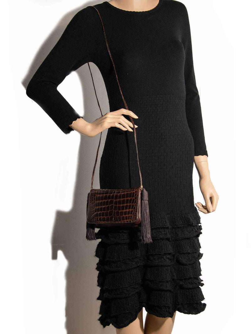 Judith Leiber Shiny Alligator Mini Tassel Bag Brown-designer resale