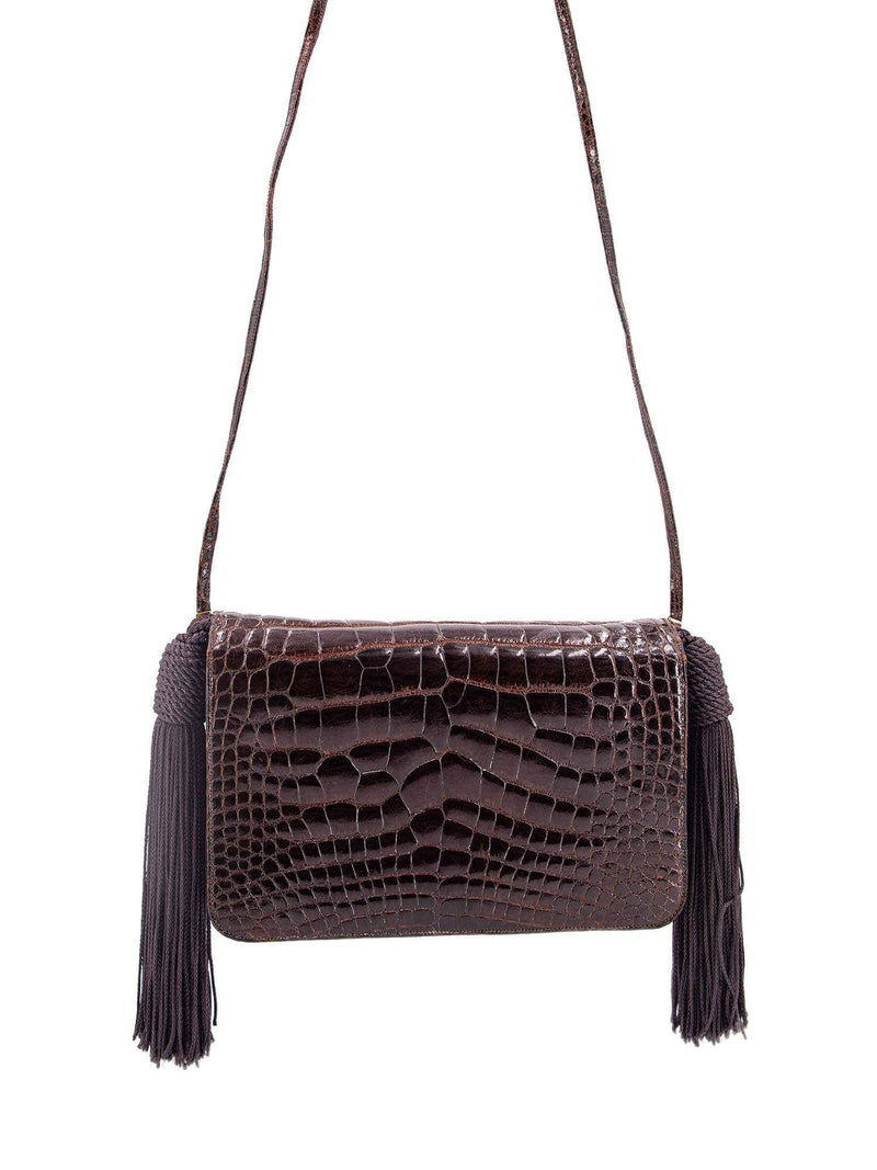 Judith Leiber Shiny Alligator Mini Tassel Bag Brown-designer resale