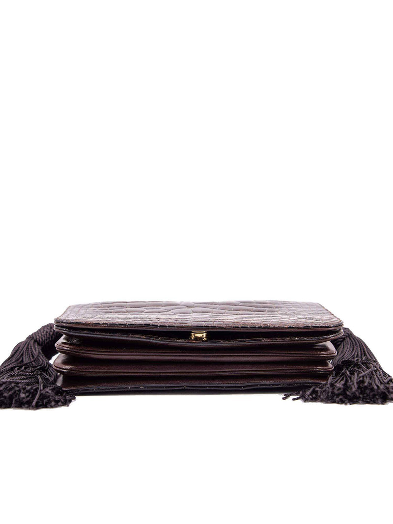 Judith Leiber Shiny Alligator Mini Tassel Bag Brown-designer resale
