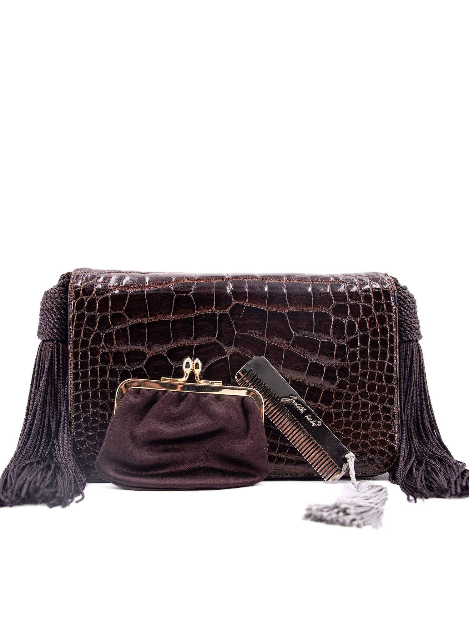 Judith Leiber Shiny Alligator Mini Tassel Bag Brown-designer resale