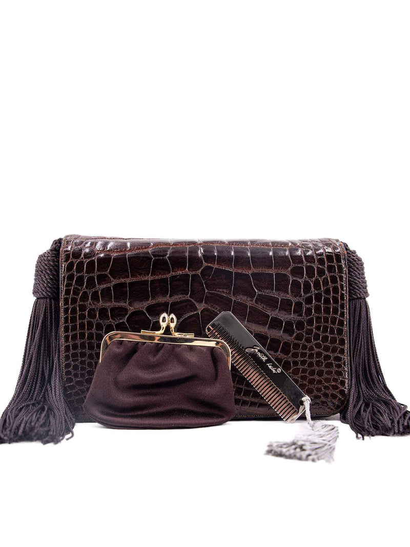 Judith Leiber Shiny Alligator Mini Tassel Bag Brown-designer resale