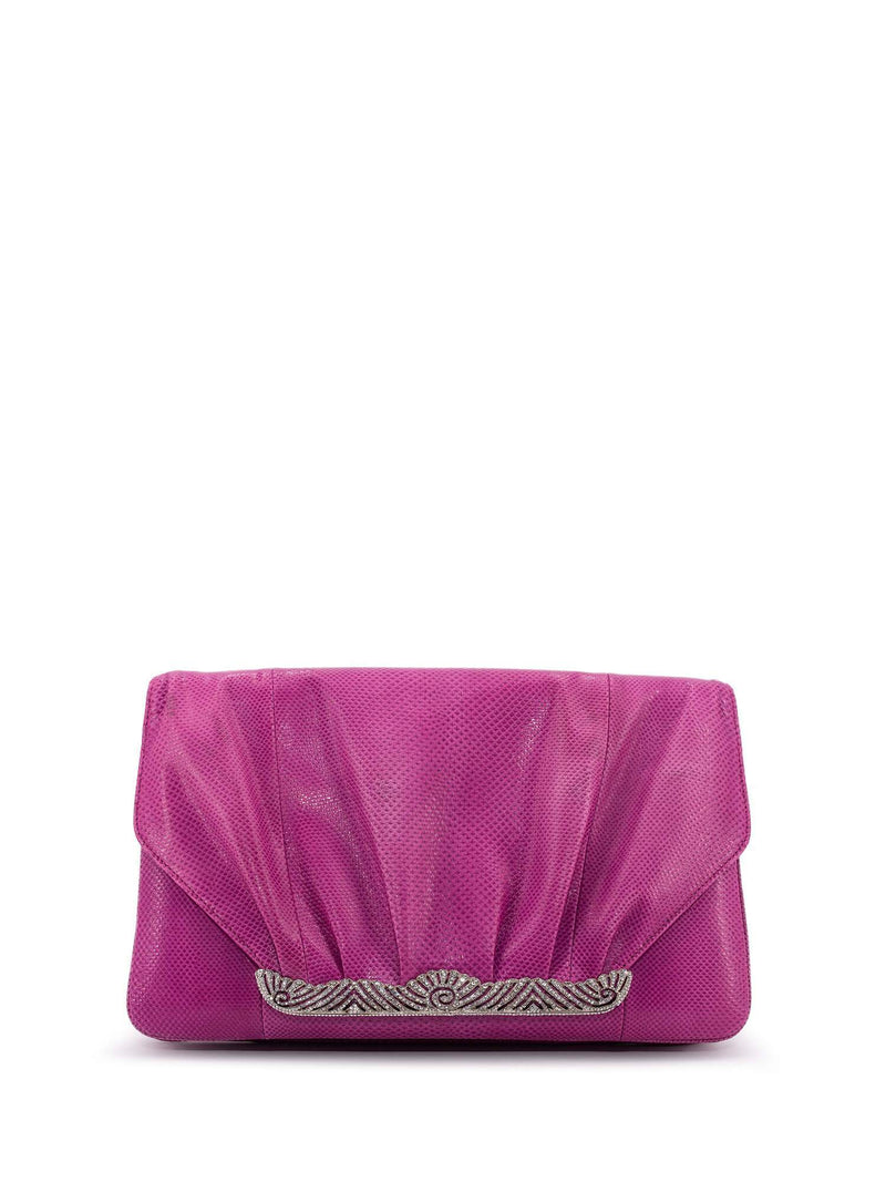 Judith Leiber Swarovski Crystal Exotic Snakeskin Flap Clutch Pink-designer resale
