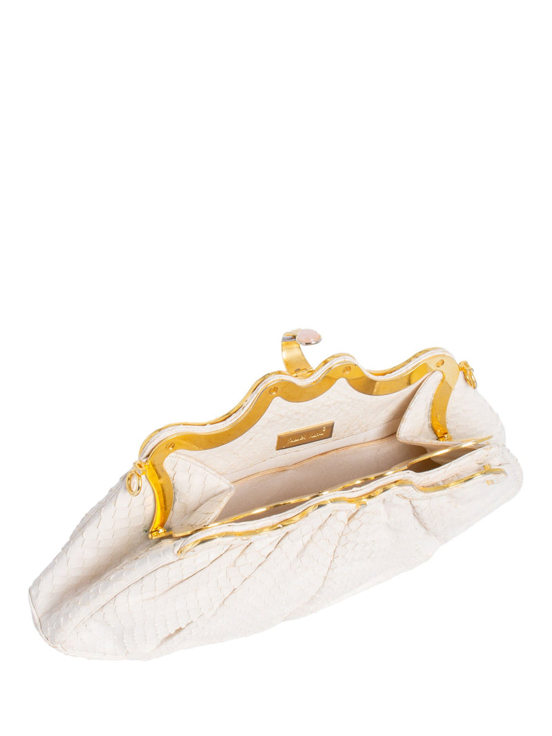 Judith Leiber Vintage Python Leather Evening Clutch Ivory Gold-designer resale