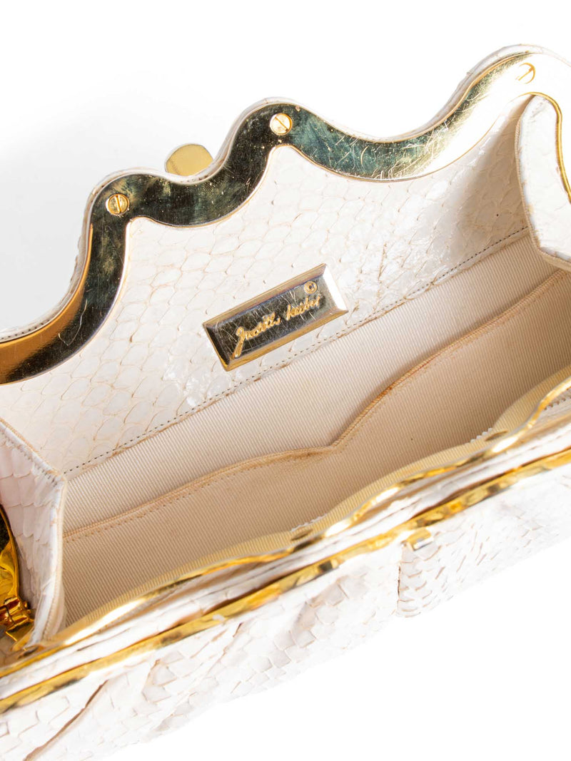 Judith Leiber Vintage Python Leather Evening Clutch Ivory Gold-designer resale