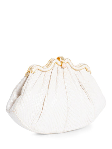Judith Leiber Vintage Python Leather Evening Clutch Ivory Gold-designer resale