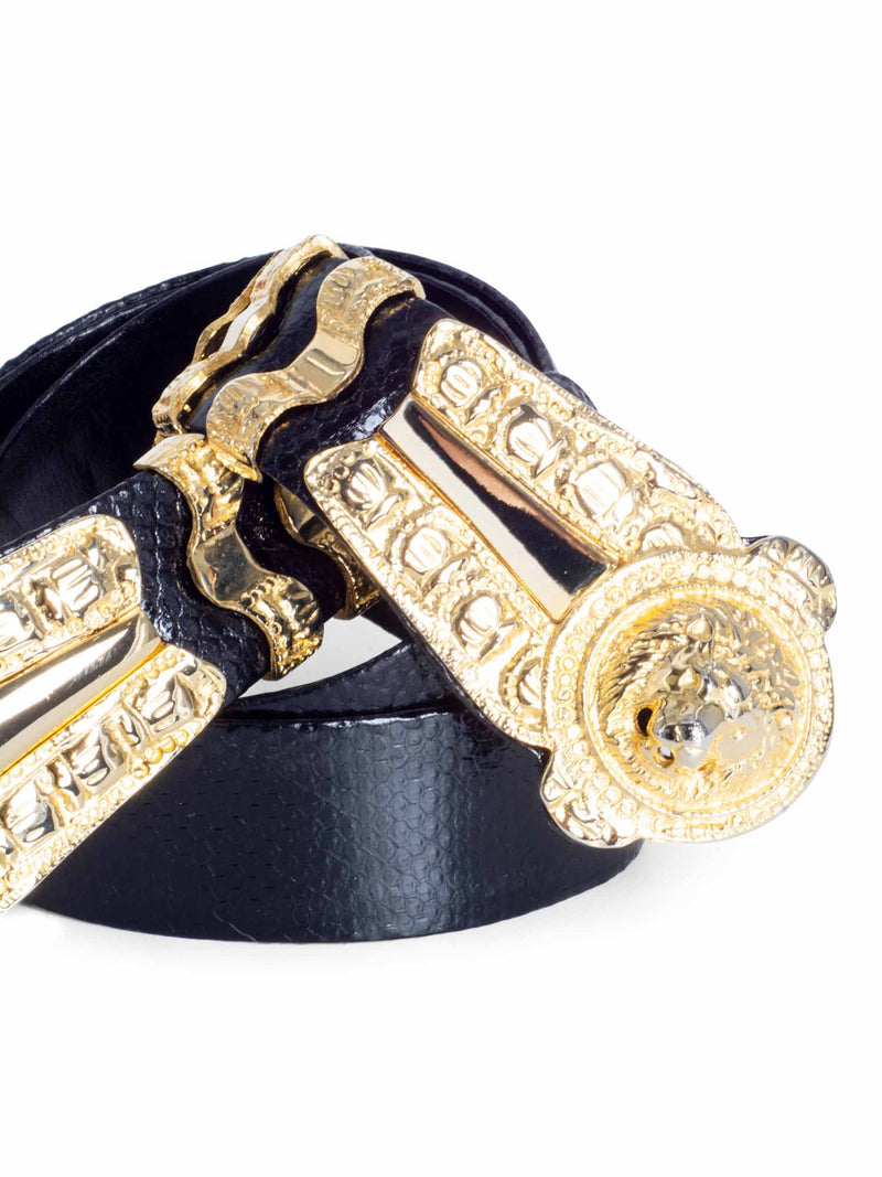 Judith Leiber Vintage Snakeskin Lion Head Adjustable Belt Black Gold-designer resale