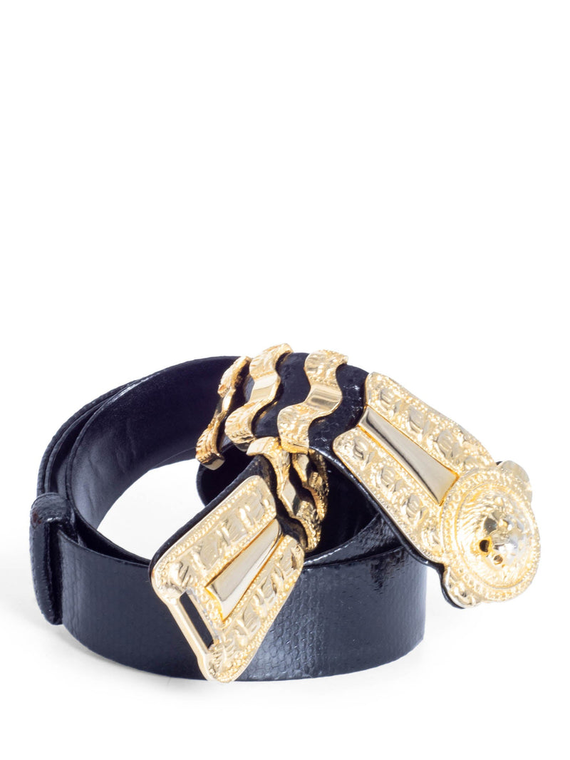 Judith Leiber Vintage Snakeskin Lion Head Adjustable Belt Black Gold-designer resale