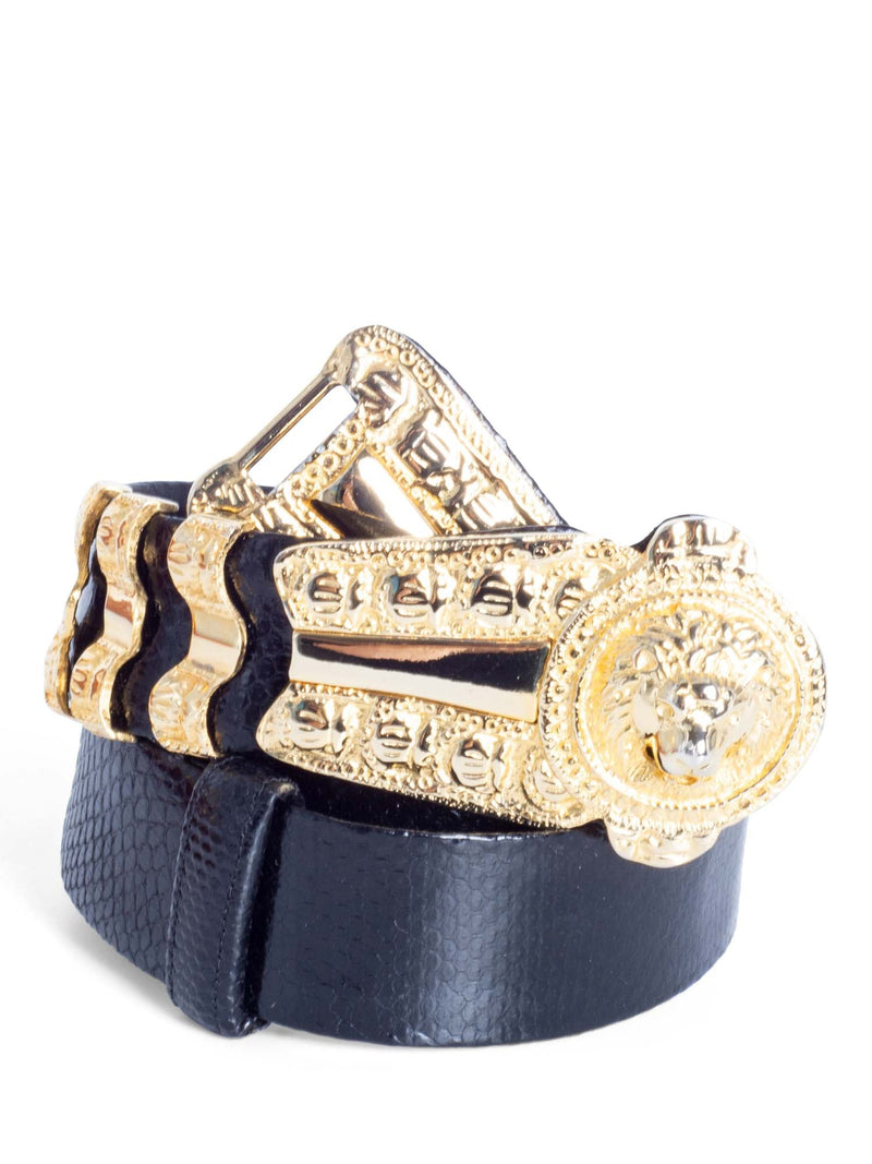 Judith Leiber Vintage Snakeskin Lion Head Adjustable Belt Black Gold-designer resale