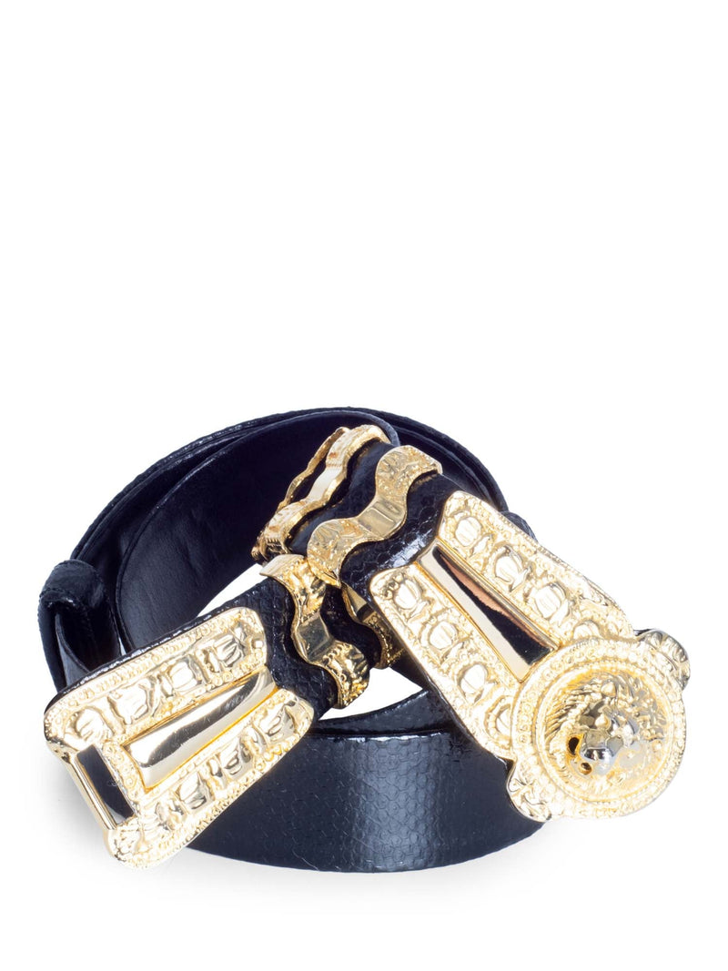 Judith Leiber Vintage Snakeskin Lion Head Adjustable Belt Black Gold-designer resale