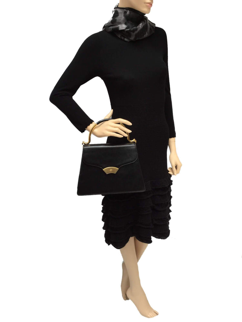 KL Logo Vintage Black Leather Top Handle Flap Bag Gold Chain-designer resale