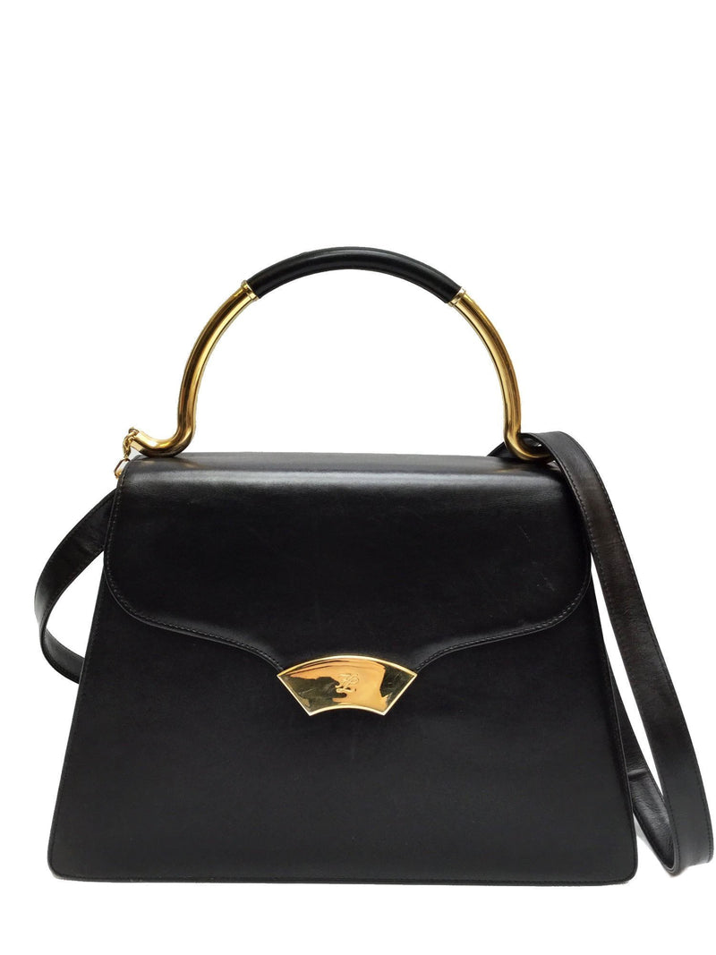 KL Logo Vintage Black Leather Top Handle Flap Bag Gold Chain-designer resale