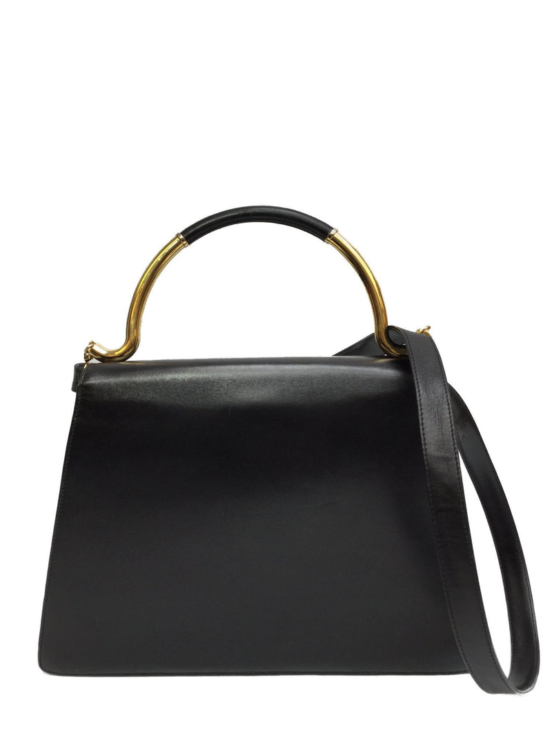 KL Logo Vintage Black Leather Top Handle Flap Bag Gold Chain-designer resale
