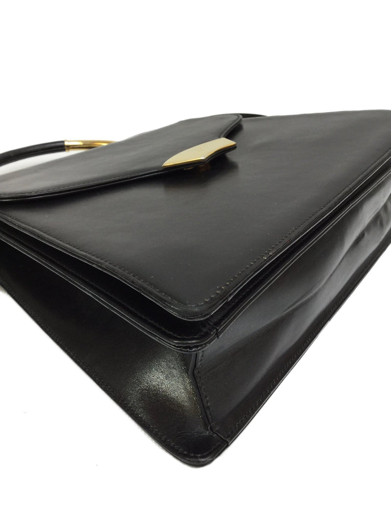 KL Logo Vintage Black Leather Top Handle Flap Bag Gold Chain-designer resale