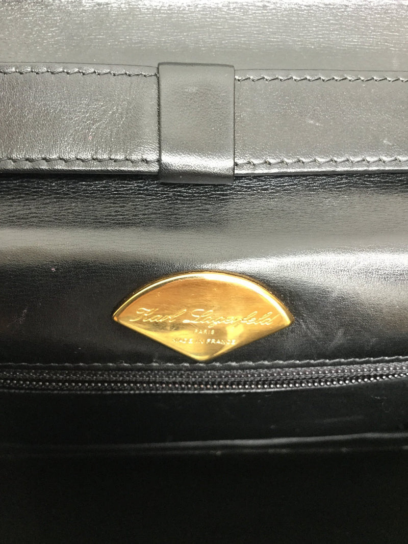 KL Logo Vintage Black Leather Top Handle Flap Bag Gold Chain-designer resale