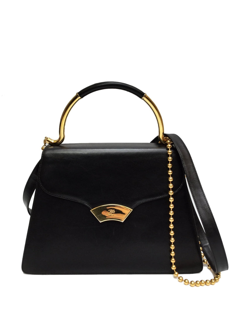 KL Logo Vintage Black Leather Top Handle Flap Bag Gold Chain-designer resale