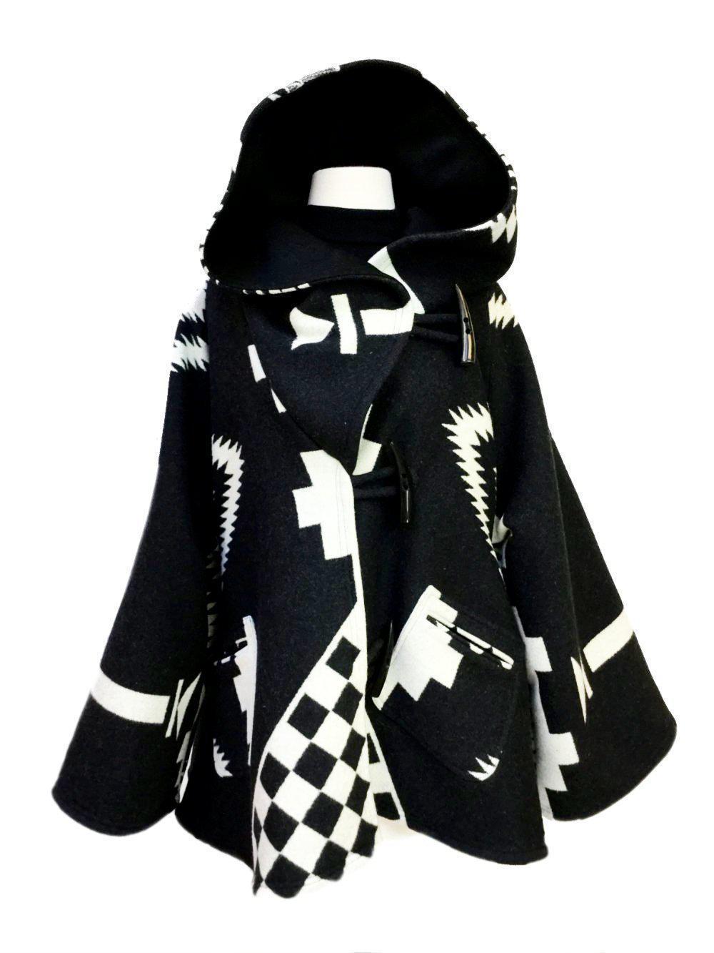 LINDSEY THORNBURG PENDLETON Black White Wool Hooded Cape Coat Toggle Closure-designer resale