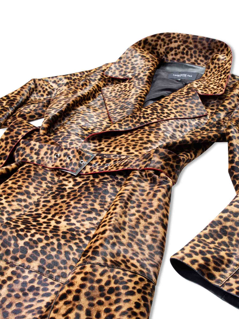 Lafayette 148 Real Fur Leopard Printed Long Trench Coat Brown-designer resale