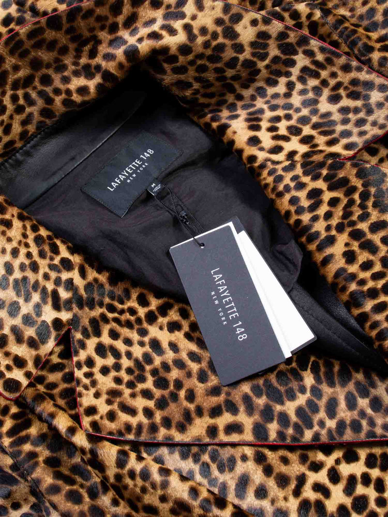 Lafayette 148 Real Fur Leopard Printed Long Trench Coat Brown-designer resale