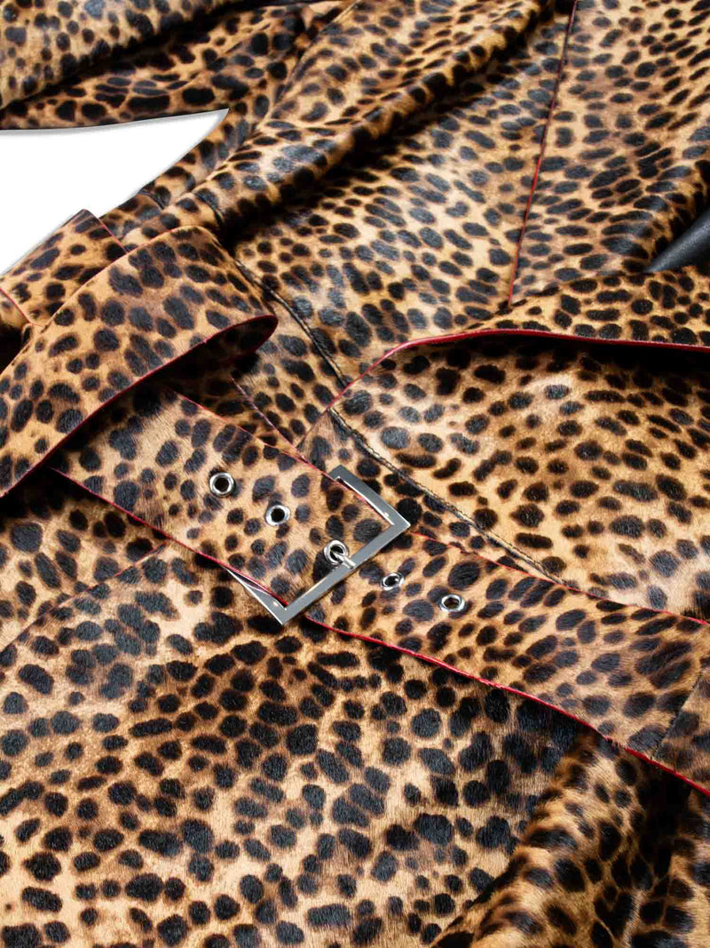 Lafayette 148 Real Fur Leopard Printed Long Trench Coat Brown-designer resale