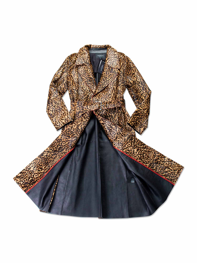 Lafayette 148 Real Fur Leopard Printed Long Trench Coat Brown-designer resale