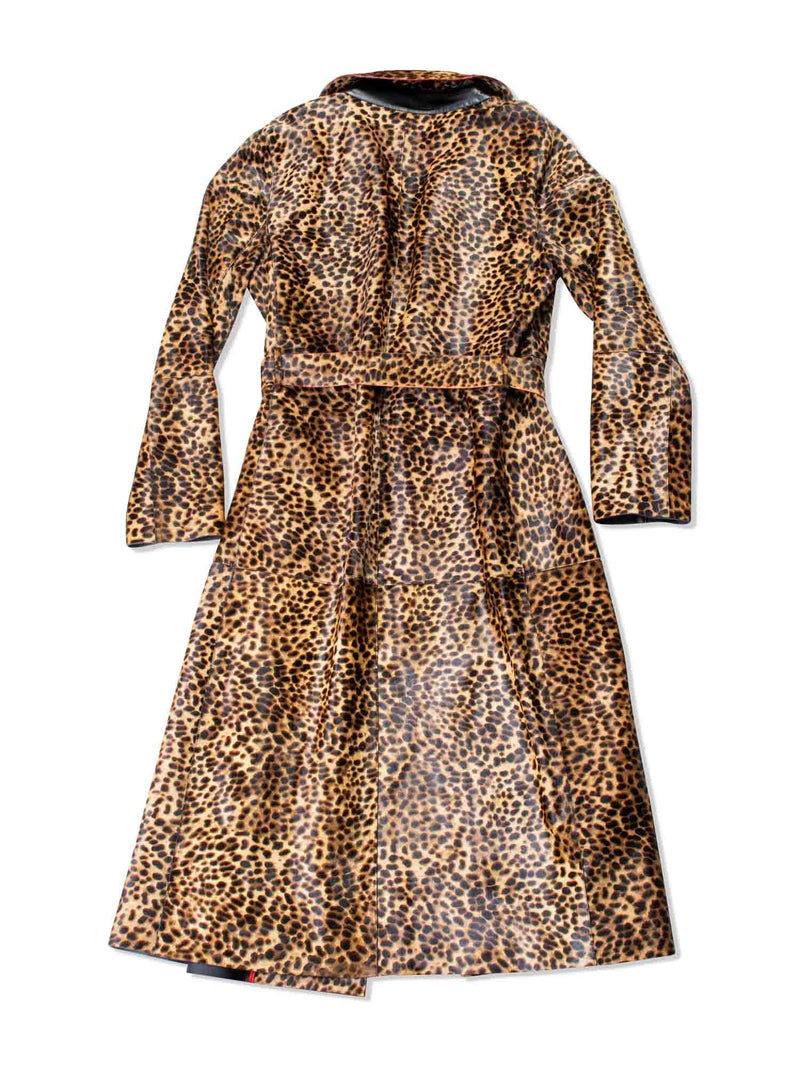 Lafayette 148 Real Fur Leopard Printed Long Trench Coat Brown-designer resale