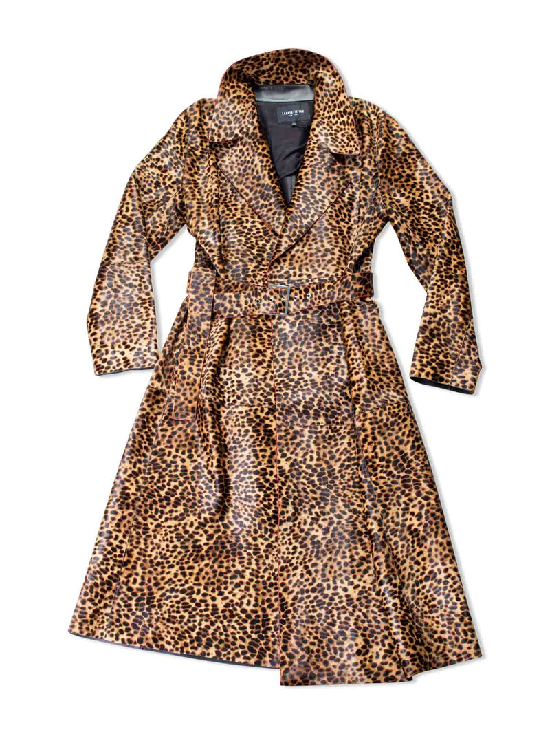 Lafayette 148 Real Fur Leopard Printed Long Trench Coat Brown-designer resale